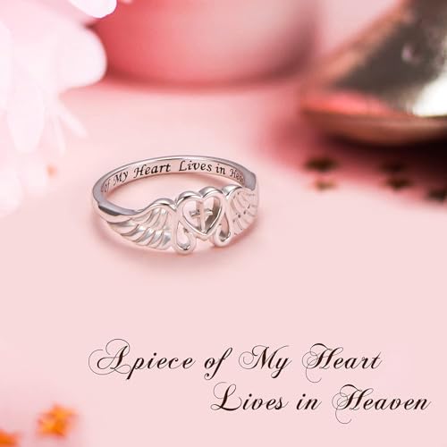 FLYOW S925 Sterling Silver A Piece of My Heart Lives in Heaven Angel Wing Ring for Women Jewelry Memory of Mom Dad Grandma Grandpa Daughter Son Loss Memorial Gift
