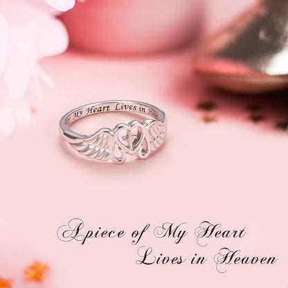 FLYOW S925 Sterling Silver A Piece of My Heart Lives in Heaven Angel Wing Ring for Women Jewelry Memory of Mom Dad Grandma Grandpa Daughter Son Loss Memorial Gift