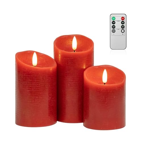 ANGELLOONG Red Candles, Flickering Flameless Candles with Remote | Real Wax Red Pillar Candles with Timer, LED Fake Candle for Christmas Bathroom Table Decor Gifts for Him Her, Set of 3 - color: Red