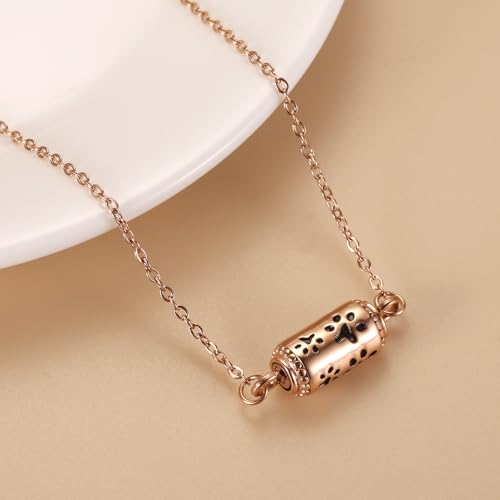 Pet Cremation Jewelry Stainless Steel Paw Print Tube Urn Necklace For Cat Dog Ashes Necklace For Women Keepsake With Filling Kits - color: Rose Gold Necklace