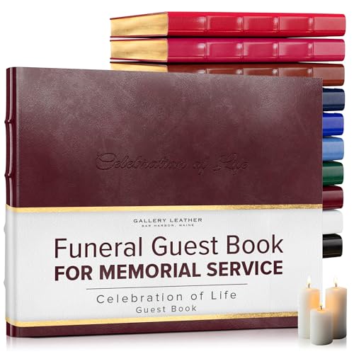 Gallery Leather Funeral Guest Book for Memorial Service and Celebration of | Life with 192 Lined Pages - Hardcover, Bound Leather Guest Sign in Book - 7 x 9 - Acadia Burgundy - color: Acadia Burgundy, style: Celebration of Life