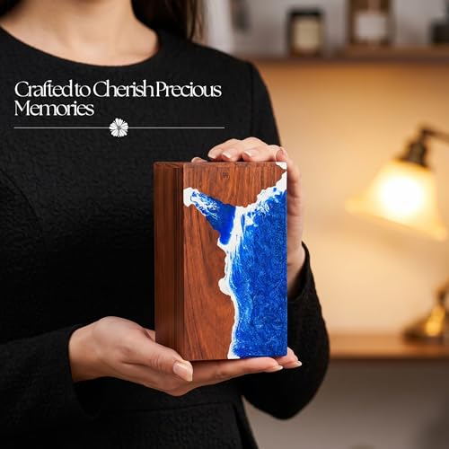 Handcrafted Rosewood Wooden Urn for Human or Pet Ashes – 11"x6"x6" Large Cremation Urn with Blue Resin Ocean Wave Inlay – Memorial Funeral Box for Adults up to 250 lbs - size: Large 250 cubic inches