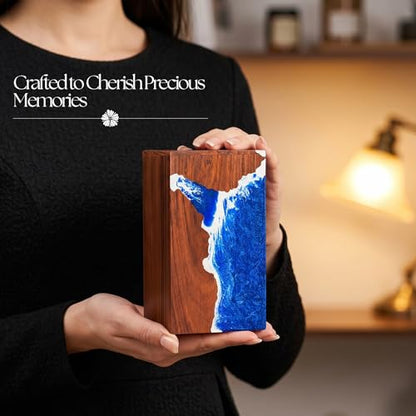 Handcrafted Rosewood Wooden Urn for Human or Pet Ashes – 11"x6"x6" Large Cremation Urn with Blue Resin Ocean Wave Inlay – Memorial Funeral Box for Adults up to 250 lbs - size: Large 250 cubic inches