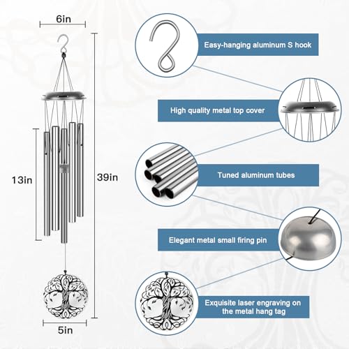 Sympathy Wind Chimes for Loss of Loved One, 39" Memorial Windchimes Outdoor - size: 39“-Silver