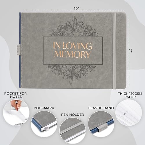 Skyline Funeral Guest Book, Memorial Service Sign-In, Gray | 10x7 in, 610 entries, Eco leather hardcover, Personalized celebration of life guestbook, Memory book & condolence register - color: Gray