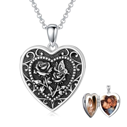 PELOVNY Birth Flower Locket Necklace for Women 925 Sterling Silver Flower Butterfly Heart Photo Locket Pendant Birthday Christmas Jewelry Gifts for Mom Daughter Wife Sister - color: 06-Rose