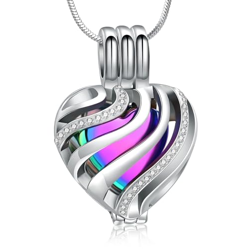 Cremation Jewelry Urn Necklace for Ashes with Hollow Mini Ball Keepsake Urn Pendant Memorial Jewelry for Ashes - color: Silver&Rainbow
