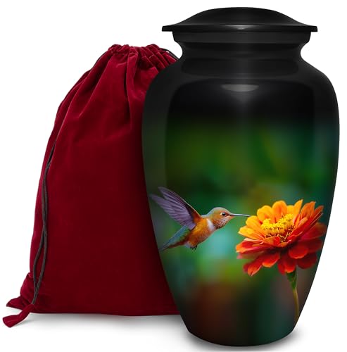 Hummingbird Flower Cremation Urn for Human Ashes | Hummingbird Decorative Cremation Urn for Adults, Handmade Funeral Urns with Velvet Bag - color: Hummingbird Flower, size: 1 Large Urn