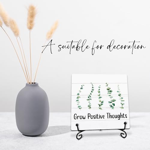 Grow Positive Thoughts Wooden Sign - 5" Inspirational Quotes Wooden Plaque With Metal Support - Greenery Rustic Tabletop Home, Office, Classroom Decor - Housewarming Gifts For Family & Friends - A03 - style: Grow Positive Thoughts