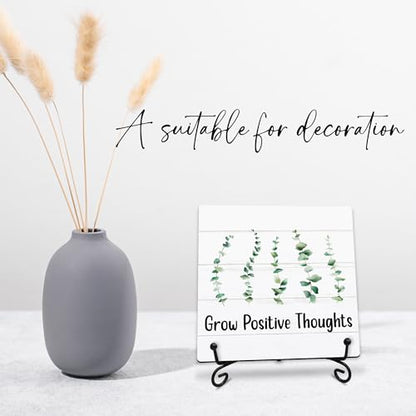 Grow Positive Thoughts Wooden Sign - 5" Inspirational Quotes Wooden Plaque With Metal Support - Greenery Rustic Tabletop Home, Office, Classroom Decor - Housewarming Gifts For Family & Friends - A03 - style: Grow Positive Thoughts