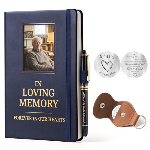 Memorial Leather Journal with Photo Window, Sympathy Gifts for Loss of Loved One in Heaven, In Loving Memory Notebook A5 Grief Journal, 200 Pages with Pen & Pocket Hug Keychain (Blue) - color: Blue