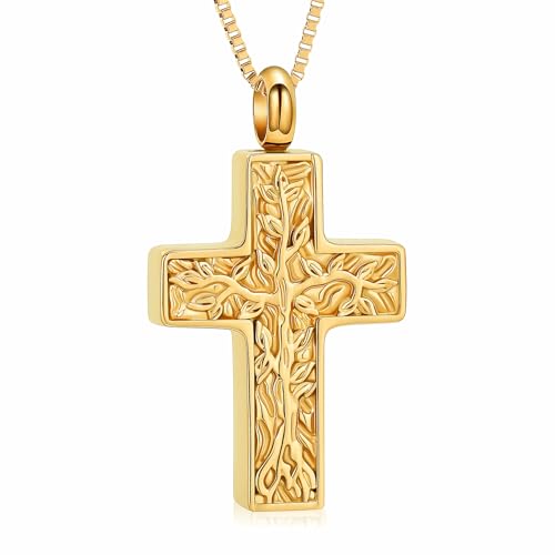 XSMZB Cross Urn Necklace for Ashes for Women Men Tree of Life Cross Cremation Jewelry Keepsake Pendant for Ashes of Loved One - color: Gold