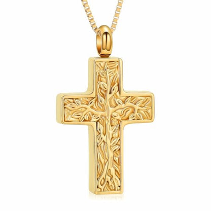 XSMZB Cross Urn Necklace for Ashes for Women Men Tree of Life Cross Cremation Jewelry Keepsake Pendant for Ashes of Loved One - color: Gold