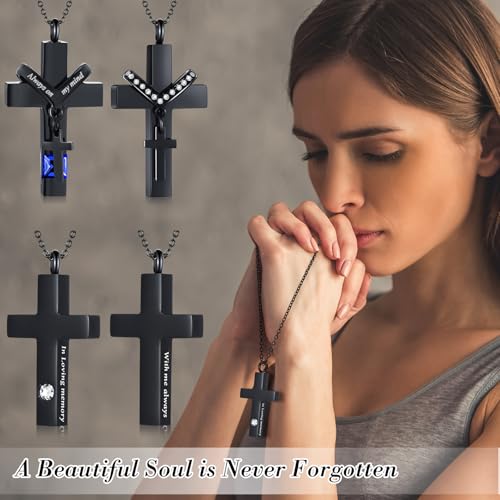 Yinkin 8 Pcs Urn Necklace for Ashes Cremation Cross Necklace Stainless Steel Cremation Jewelry Ashes Memorial Jewelry for Men Women (Black) - color: Black