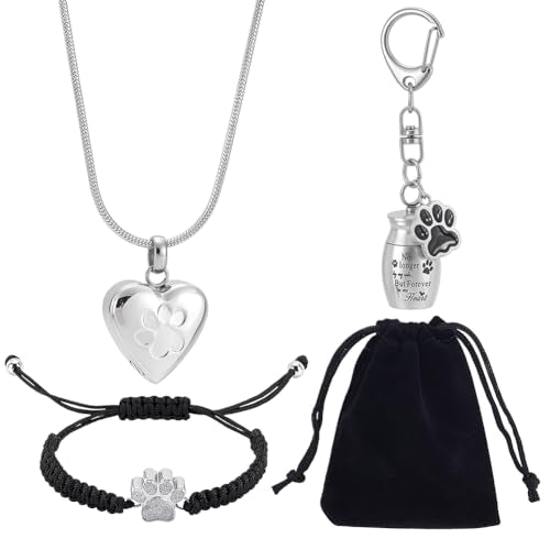 UNICRAFTALE 1 Set Paw Print Memorial Jewelry Kit Pet Cremation Jewelry with 3/4~3 inch Stainless Steel Bracelet and 21.6" Heart Urn Necklace Pet Ashes Keepsake Set for Dog Cat Loss Cremation Jewelry Gift for Daily Wear