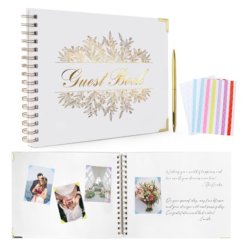 HZGUEUSTB Wedding Guest Book, Gold Foiling Hardcover DIY Photo Sign in Book for Wedding, Anniversary, Baby Show - Includes Clear & Colorful Photo Corners Stickers and Pen 100 Blank Sheets(11x8.6in)