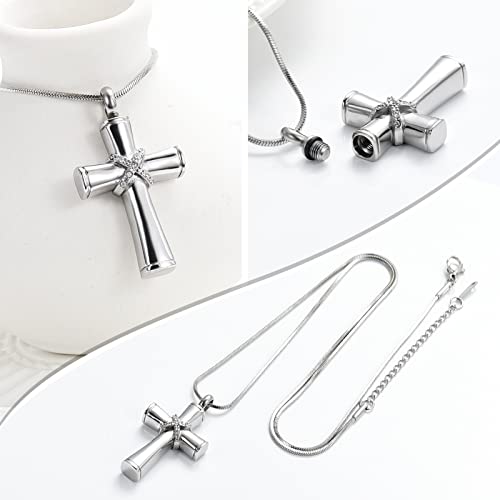 Minicremation Rope Winding Cross Cremation Ashes Urn Pendant Necklace Memorial Keepsake Jewelry Lord’s Prayer Cross Ashes Necklaces - color: Silver with Crystal