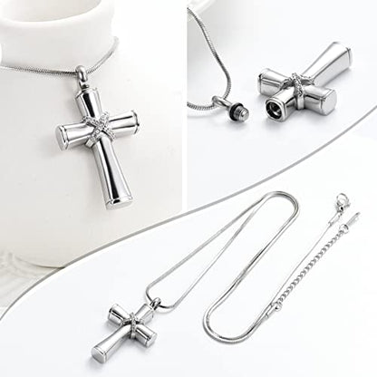 Minicremation Rope Winding Cross Cremation Ashes Urn Pendant Necklace Memorial Keepsake Jewelry Lord’s Prayer Cross Ashes Necklaces - color: Silver with Crystal