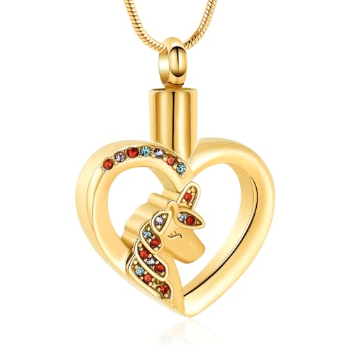 Unicorn Heart Urn Necklace for Ashes Cremation Jewelry for Women Men Stainless Steel Memorial Necklaces Ash Holder for Human Pets Keepsake Jewelry for Loved Ones with Fill Tool - color: Gold