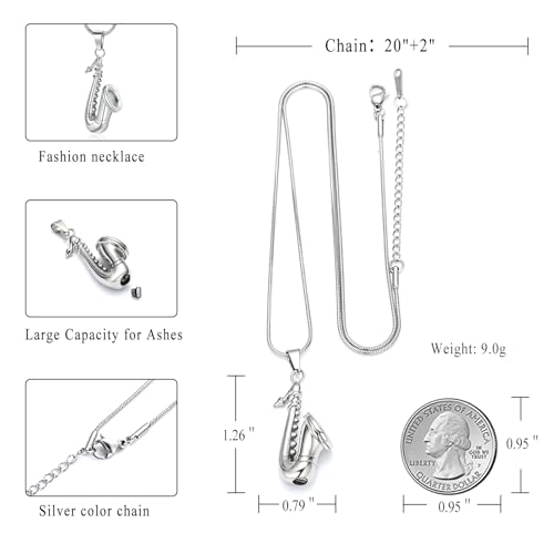 memorial jewelry Music Urn Saxophone Horn Chain Necklace Cremation Ash Keepsake Pendant - color: Silver
