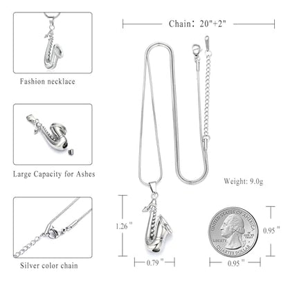 memorial jewelry Music Urn Saxophone Horn Chain Necklace Cremation Ash Keepsake Pendant - color: Silver