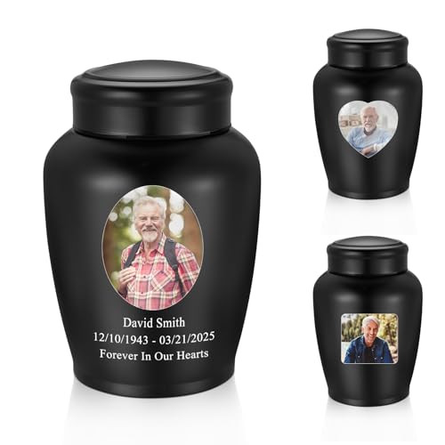 SOITIS Photo Customized Large Stainless Steel Urn for Human Ashes - 8.5 Inch Decorative Funeral Urn, Butterfly Cremation Keepsake for Men Women, Engraving Black Memorial Keepsake for Ashes - color: Black-butterfly-custom