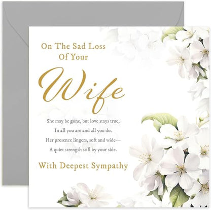 On The Sad Loss of Your Wife Sympathy Card - White Flowers Condolences Card - Sorry Mourning Bereavement Cards for Adults - Thinking of You Cards, For Brother Friend Uncle | Blank Inside