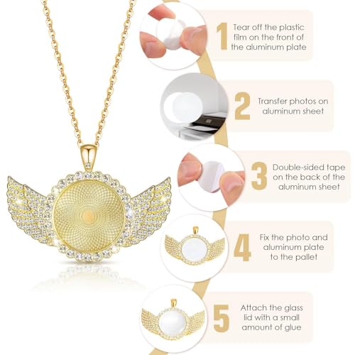 Hicarer 60 Pcs Sublimation Necklace Angel Wing Necklace with Picture | Memorial Necklace Jewelry Blanks Trays Rhinestone Bezel Gold Silver Blank with Chain for Christmas DIY Wedding Souvenir Gift