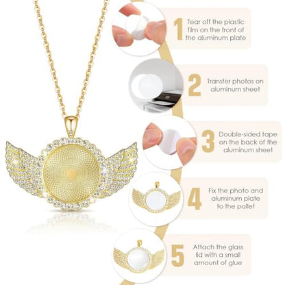 Hicarer 60 Pcs Sublimation Necklace Angel Wing Necklace with Picture | Memorial Necklace Jewelry Blanks Trays Rhinestone Bezel Gold Silver Blank with Chain for Christmas DIY Wedding Souvenir Gift