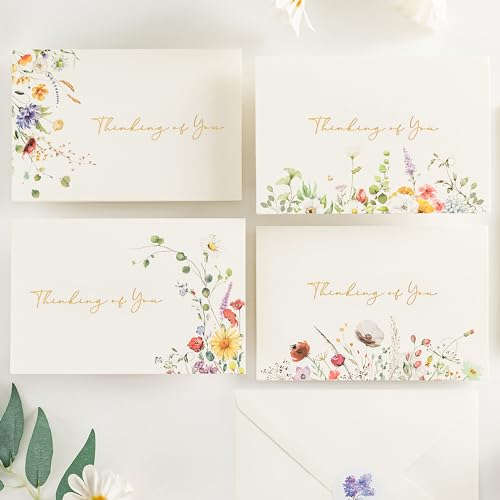 Crisky 4x6 12PCS Floral 4 Assorted Thinking of You Cards with Envelopes | Elegant Watercolor Wildflower Pattern, Matching Stickers, Gold Foil Printing, for Birthday/Baby Bridal Shower/Graduation - size: 12 Pieces