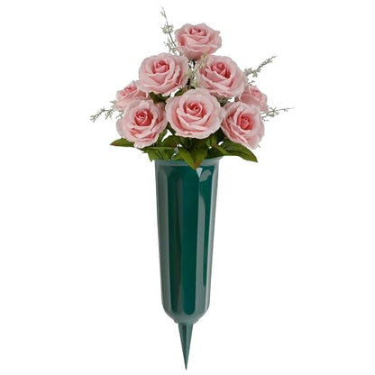 Black Duck Brand Green 9.75" Plastic Cemetery Memorial Grave Flute Flower Vases; 2 Pack