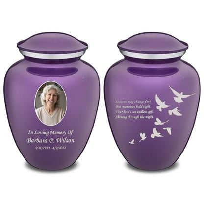 Geturns Embrace Adult Personalized Doves Cremation Urns for Human Ashes I Large Picture Purple Funeral Urn for Adult Men and Women with Double Side Engraving I 200 lbs - color: _Purple (Double Sided)