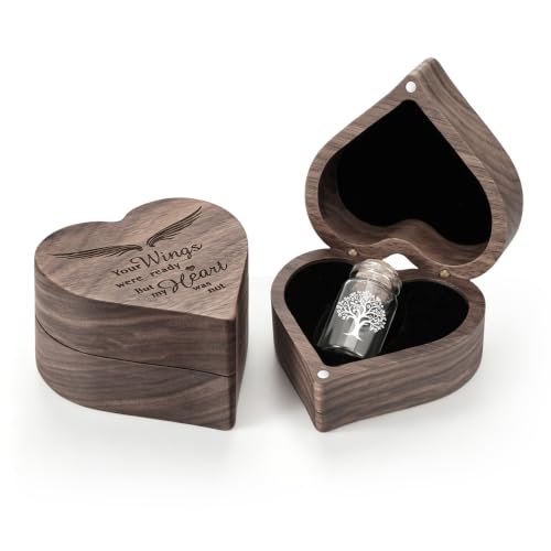 SOITIS Tiny Glass Urn with Wooden Heart Box Small Urns for Human Ashes Tree | White Tree,Sharing Sized Urn,Engraving Wood Gift Box,Decorative Urn for Cremation Burial Home,Fits for Women Men,Velvet Bag - color: White Tree