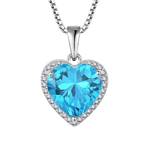 925 Sterling Silver Halo Heart Necklace for Women | Lwsary Love Heart Necklace, Heart Cut Birthstone Jewelry for Her - color: Blue