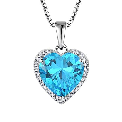 925 Sterling Silver Halo Heart Necklace for Women | Lwsary Love Heart Necklace, Heart Cut Birthstone Jewelry for Her - color: Blue