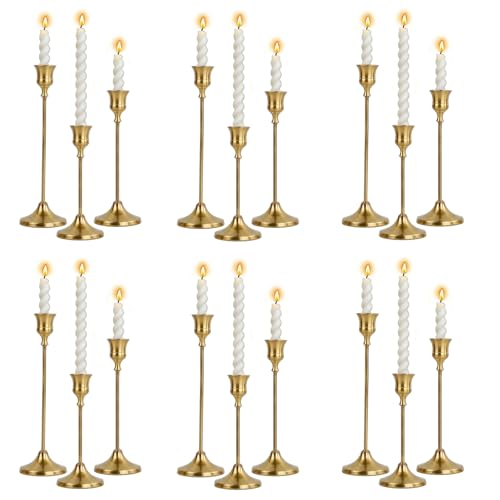 6 Sets Candle Holder Brass Metal Candlestick Holders - Vintage Modern Metal Taper Candle Holders, Decorative Centerpiece for Table Mantel, Wedding Kitchen Home Decor, Wedding Gift,18Pcs - color: Brass, size: 18pcs