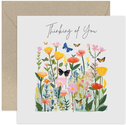 Old English Co. Cute Thinking of You Card - Floral Meadow with Butterflies Painting - Sympathy, Condolences, Bereavement Card for Friends and Family | Blank Inside with Envelope