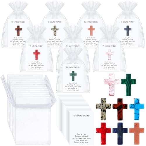 Chunful 50 Sets Celebration of Life Favors Christian Pocket Token Bulk Cards with Cross Crystal Stones White Organza Bags Sympathy Funeral Guest Return Thank You Gifts for Memorial Party Supplies