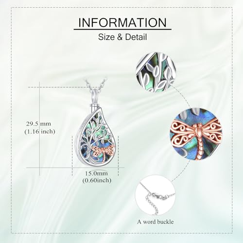URONE Urn Necklaces for Ashes 925 Sterling Silver Abalone Shell Tree of Life Cremation Jewelry for Ashes Memory Jewelry for Women Men - style: tree-dragonfly