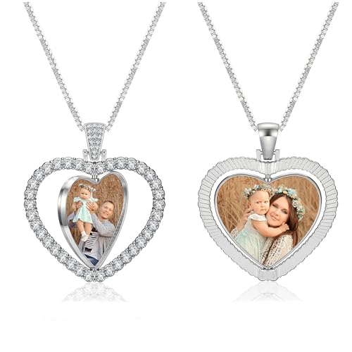 PiercingJ Customized Double-Side Photo Necklace Custom Picture Pendant Chain Personalized Cubic Zirconia Hip Hop Jewelry Gift for Men Women with Gift Box - color: Silver-Heart-1PC