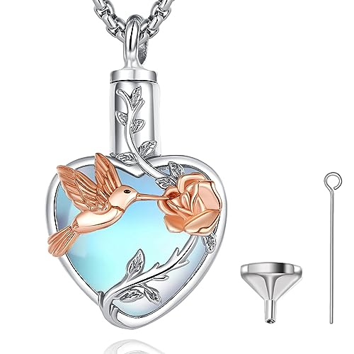 EUDORA Sterling Silver Urn Necklace for Ashes for Women Men, Ash Pendant for Human Cat Dog Ashes, Necklace for Ashes of Loved One Dad Mom Papa Pet Cremation Souvenir Jewelry for Funeral, 20inch - color: C1-Hummingbird and Moonstone