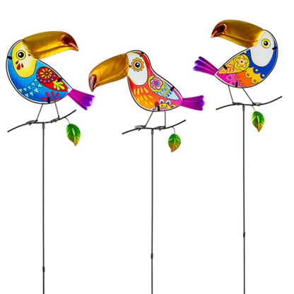 Set of 3 Toucan Stained Glass Decorative Garden Stakes - color: Toucan
