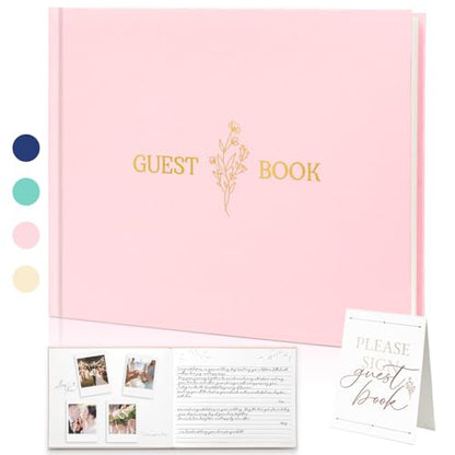 Wedding Guest Book, Polaroid Photo Guestbook for Baby Shower, 9x7.5" | Table Sign Included, Gold Stamping, Twill-Textured Hardcover, Perfect For Bridal Party & Baby Shower, Pink - color: Flower-pink