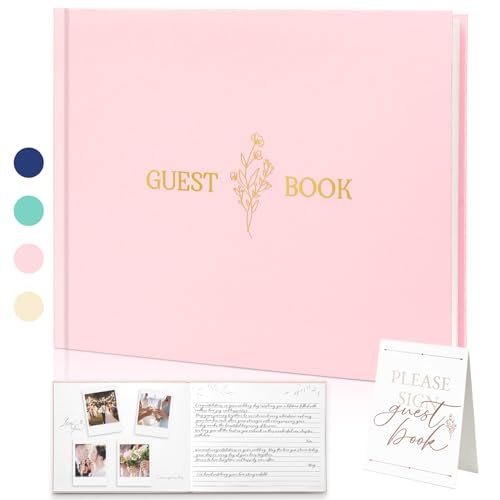 Wedding Guest Book, Polaroid Photo Guestbook for Baby Shower, 9x7.5" | Table Sign Included, Gold Stamping, Twill-Textured Hardcover, Perfect For Bridal Party & Baby Shower, Pink - color: Flower-pink