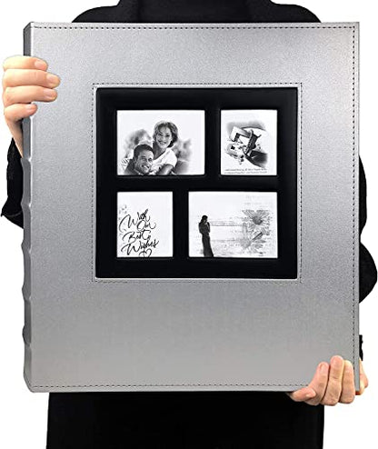 RECUTMS Self Adhesive Photo Album Magnetic Leather Scrapbook 60 Page Silver | Self-Stick Double Sided White Inner Page, DIY Large Albums for All Size Pictures, Cover Window, Birthday Family Wedding Book - color: Silver, size: 13.3''X13.4'' 60Pages-White P