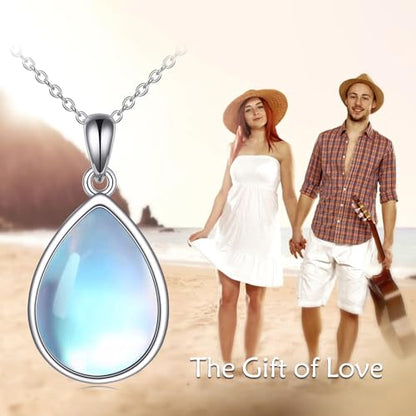CRMAD Larimar/Opal/Lapis Lazuli/Tourmaline/Malachite/Labradorite/Turquoise/Onyx/Rose Quartz/Amber/Peridot Necklace for Women 925 Sterling Silver Teardrop Pendant Jewelry Gifts - color: Moonstone