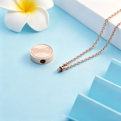 Round Pet Urn Pendant Necklace, Dog Paw Print and Bone Engraved Cremation Jewelry for Ashes, Stainless Steel Dog Keepsake Jewelry Urn Necklaces for Ashes for Women Men - color: Rose Gold