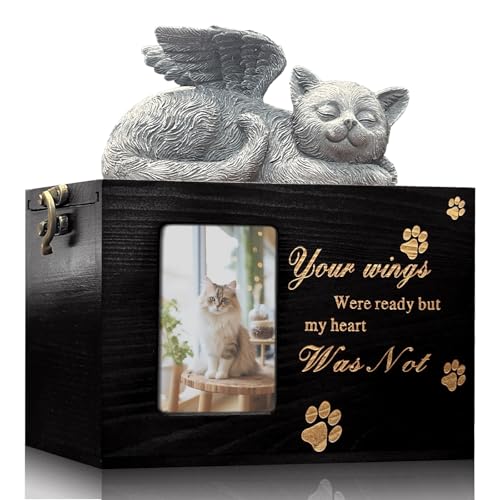 Cat Urn for Ashes Box with Picture Black Funeral Cremation Box Wooden Keepsake with Flannel Lining for Loss of Cat or Dog Remembrance Gift (Cat Urn-Black, Medium) - color: Cat Urn-black-wings, size: Medium