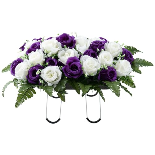 Headstone Flower Saddle, Cemetery Flower Saddles for Headstones, Artificial Cemetery Flowers for Grave, Memorial Flowers for Outdoor Tombstone Gravestone Decoration, White Purple - color: White Purple
