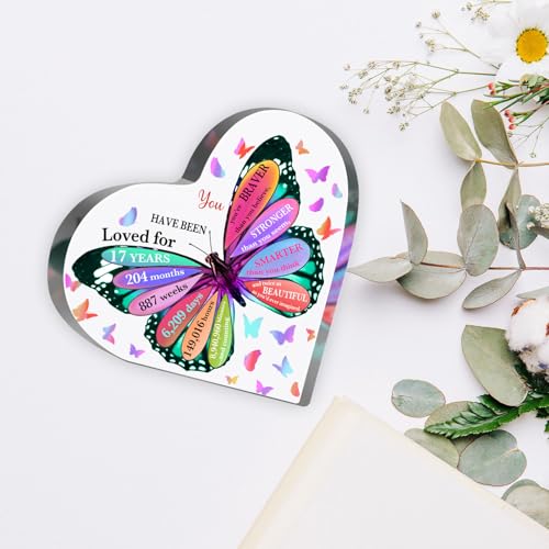 17th Birthday Acrylic Sign, 4" x 4" Butterfly Birthday Sign, Heart-Shaped, Multi-Color, Tabletop Decor - style: 17th Birthday